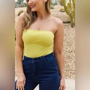 Lemon Yellow Strapless Ribbed Knit Top Sexy Bodysuit 3X